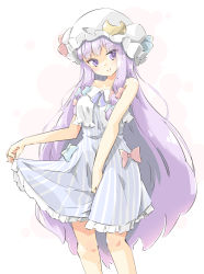 Rule 34 | 1girl, arnest, bare shoulders, blue bow, blue dress, blush, bow, clothes lift, collarbone, crescent, crescent hat ornament, crescent moon, dress, frilled dress, frills, hair bow, hat, hat ornament, head tilt, highres, legs, long hair, looking at viewer, mob cap, moon, multi-tied hair, patchouli knowledge, pink background, purple eyes, purple hair, red bow, sidelocks, skirt hold, smile, striped clothes, striped dress, touhou, vertical-striped clothes, vertical-striped dress, very long hair, white background