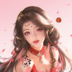 Rule 34 | 1girl, bare shoulders, brown hair, chinese clothes, facial mark, forehead mark, hair ornament, hair rings, highres, huo linger (wanmei shijie), huo linger tongren she, long hair, smile, solo, teeth, upper body, wanmei shijie