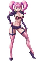 Rule 34 | 10s, 1girl, abs, breasts, captain earth, cleavage, earrings, female focus, garter straps, jewelry, large breasts, long hair, midriff, moco (captain earth), pink eyes, pink hair, shinonome (game hakkutsu tai), shorts, smile, solo, thighhighs, toned, tongue, tongue out, twintails