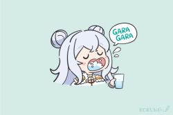 Rule 34 | 1girl, azur lane, chibi, closed eyes, commentary request, cropped torso, cup, disembodied hand, double bun, dress, drink, drinking glass, fur trim, gargling, green background, grey hair, hair bun, holding, holding cup, koru koruno, le malin (azur lane), long hair, open mouth, romaji commentary, romaji text, signature, simple background, solo, translation request, upper body, wavy mouth, white dress
