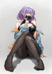 Rule 34 | 1girl, absurdres, bare shoulders, black leotard, black mask, blue jacket, borrowed character, cleavage cutout, clothing cutout, colored tips, ear piercing, full body, gradient hair, grey background, hand up, highres, index finger raised, jacket, knees together feet apart, knees up, kuza brs, legs, leotard, looking at viewer, mask, mouth mask, multicolored hair, no shoes, off shoulder, original, piercing, pink hair, purple hair, short hair, simple background, sitting, solo, thighs, toes, yellow eyes