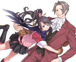 Rule 34 | 1boy, 1girl, ace attorney, ace attorney investigations, annoyed, ascot, belt, black hair, blue scarf, boots, buttons, closed mouth, curtained hair, formal, gloves, green eyes, grey hair, hair ornament, high ponytail, hug, ito fumi, jacket, karakusa (pattern), kay faraday, key, key hair ornament, long hair, long sleeves, miles edgeworth, miniskirt, open mouth, pants, parted bangs, pleated skirt, ponytail, red jacket, red suit, scarf, shirt, short hair, simple background, skirt, smile, suit, sweatdrop, vest, white ascot, white background