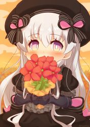 Rule 34 | 1girl, absurdres, beret, black bow, black dress, black gloves, black hat, blush, bouquet, bow, commentary request, covered mouth, doll joints, dress, elbow gloves, fate/extra, fate (series), flower, gloves, hair between eyes, hair bow, hat, highres, holding, holding bouquet, joints, long hair, nursery rhyme (fate), outdoors, puffy short sleeves, puffy sleeves, purple eyes, red flower, short sleeves, silver hair, solo, striped, striped bow, sunset, twitter username, very long hair, yuya090602