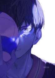 Rule 34 | 1boy, absurdres, ball, black hair, blue eyes, blue theme, covering face, haikyuu!!, highres, holding, holding ball, kageyama tobio, looking at viewer, male focus, oretsuu, parted lips, short hair, signature, simple background, solo, sweat, upper body, white background