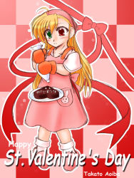 Rule 34 | 00s, 1girl, ahoge, aoiba takato, artist name, blonde hair, rabbit, candy, chocolate, chocolate heart, english text, food, green eyes, happy valentine, heart, heterochromia, long hair, lyrical nanoha, mahou shoujo lyrical nanoha, mahou shoujo lyrical nanoha strikers, oven mitts, pastry bag, pigeon-toed, plate, red eyes, solo, valentine, vivio