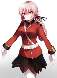 Rule 34 | &gt;:(, 1girl, absurdres, belt, black ribbon, black skirt, braid, breasts, closed mouth, cowboy shot, epaulettes, fate/grand order, fate (series), florence nightingale (fate), frown, gloves, hair ribbon, highres, kinona, large breasts, long sleeves, looking at viewer, military, military uniform, pantyhose, pink hair, red eyes, ribbon, serious, single braid, skirt, solo, tsurime, uniform, v-shaped eyebrows, white gloves, white pantyhose