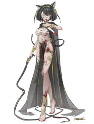 1girl absurdres animal_ear_fluff animal_ears anklet artist_name bandaged_leg bandages barefoot black_hair blindfold blood blood_on_hands bloody_weapon bracelet breasts cape cat_ears cat_girl cat_tail covered_eyes earrings egyptian_clothes facing_viewer full_body hair_ornament highres holding holding_knife holding_weapon jewelry knife medium_breasts navel open_mouth original pelvic_curtain piercing riai_kurumi sarashi short_hair simple_background solo standing tachi-e tail thigh_strap thighlet tongue tongue_out tongue_piercing weapon white_background