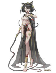 Rule 34 | 1girl, absurdres, ancient egyptian clothes, animal ear fluff, animal ears, anklet, artist name, bandaged leg, bandages, barefoot, black hair, blindfold, blood, blood on hands, bloody weapon, bracelet, breasts, cape, cat ears, cat girl, cat tail, covered eyes, earrings, facing viewer, full body, hair ornament, highres, holding, holding knife, holding weapon, jewelry, knife, medium breasts, navel, open mouth, original, pelvic curtain, piercing, riai kurumi, sarashi, short hair, simple background, solo, standing, tachi-e, tail, thigh strap, thighlet, tongue, tongue out, tongue piercing, weapon, white background