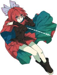 Rule 34 | 1girl, bad id, bad twitter id, boots, bow, cape, full body, hair bow, hair ornament, henki (orange), long sleeves, looking at viewer, open mouth, red eyes, red hair, scissors, sekibanki, shirt, short hair, simple background, skirt, solo, touhou, white background