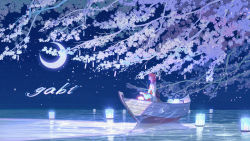 Rule 34 | 1girl, boat, brown hair, crescent moon, flower, from side, glowing, highres, holding, holding lantern, japanese clothes, kimono, lantern, medium hair, moon, morncolour, original, outdoors, print kimono, profile, reflection, solo, tree, watercraft, white flower, wide shot
