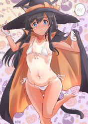 Rule 34 | 1girl, adapted costume, animal ears, asashio (kancolle), barefoot, bikini, black hair, black hat, blue eyes, cat ears, cat tail, commentary request, cowboy shot, flat chest, front-tie top, fuji (pixiv24804665), gloves, gluteal fold, hat, highres, kantai collection, long hair, looking at viewer, micro bikini, one-piece tan, side-tie bikini bottom, solo, spoken blush, swimsuit, tail, tan, tanline, thigh gap, white bikini, white gloves, witch hat