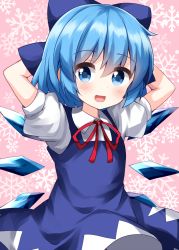 Rule 34 | 1girl, :d, arms behind head, blue bow, blue dress, blue eyes, blue hair, bow, cirno, dress, female focus, hair bow, highres, ice, ice wings, looking at viewer, open mouth, pinafore dress, pink background, puffy short sleeves, puffy sleeves, red neckwear, ruu (tksymkw), shirt, short hair, short sleeves, sleeveless dress, smile, snowflake background, solo, standing, touhou, white shirt, wings