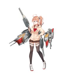 Rule 34 | 1girl, ahoge, black thighhighs, blue eyes, bow, breasts, brown hair, brown skirt, buttons, cannon, closed mouth, collarbone, eyebrows, full body, hair between eyes, hand in pocket, holding, holding weapon, hood, hoodie, looking at viewer, machinery, microskirt, mogami (warship girls r), official art, pigeon-toed, pleated skirt, pocket, red bow, school uniform, shoes, side ponytail, skirt, small breasts, smile, solo, standing, thigh strap, thighhighs, torpedo, transparent background, turret, warship girls r, weapon, white footwear, zettai ryouiki, zi se