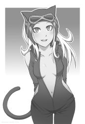 Rule 34 | 1girl, :d, animal ears, bare shoulders, breasts, cat ears, catsuit, collarbone, cowboy shot, fake animal ears, goggles, goggles on head, gravity daze, grin, helmet, kitten (gravity daze), long hair, monochrome, navel, no bra, open mouth, rittesora, simple background, smile, solo, tail, unzipped, white background