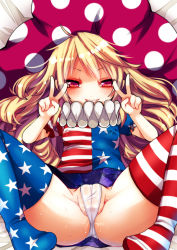 Rule 34 | 1girl, american flag dress, american flag legwear, blonde hair, blush, breasts, cameltoe, clownpiece, covered erect nipples, double v, fua yuu, hat, jester cap, long hair, looking at viewer, lying, on back, panties, partially visible vulva, red eyes, small breasts, smile, solo, spread legs, thighhighs, touhou, underwear, v, white panties
