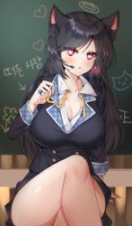 Rule 34 | 1girl, animal ears, arm support, arrow (symbol), bad id, bad pixiv id, black hair, blush, breasts, cat ears, chalkboard, cleavage, collarbone, collared shirt, commission, crossed legs, earrings, elsword, halo, headset, heart, heart-shaped pupils, highres, jewelry, large breasts, long hair, long sleeves, looking at viewer, parted lips, pink eyes, poho, shirt, sitting, symbol-shaped pupils, translation request, very long hair, white shirt