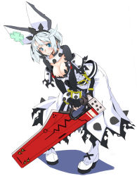 Rule 34 | 1girl, bad id, bad pixiv id, blue eyes, breasts, cleavage, clover, elbow gloves, elphelt valentine, fingerless gloves, four-leaf clover, full body, gloves, grey hair, guilty gear, guilty gear xrd, highres, holding, holding weapon, large breasts, looking down, nayutarou (nyt kag), shadow, short hair, simple background, solo, spoilers, weapon, white background