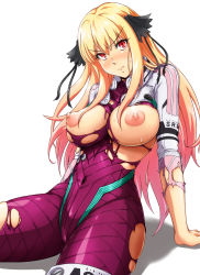 Rule 34 | 1girl, arm support, b button, blonde hair, blush, bodysuit, breasts, covered navel, female focus, large breasts, long hair, looking at viewer, nipples, red eyes, shatte judevesten, simple background, sitting, solo, super robot wars, super robot wars x-omega, sweat, torn clothes, white background