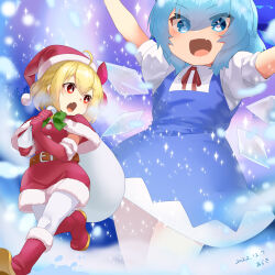 Rule 34 | 2girls, absurdres, araki (qbthgry), belt, blonde hair, blue bow, blue dress, blue eyes, blue hair, blush, boots, bow, brown belt, cirno, collared shirt, detached wings, dress, elbow gloves, fairy, fang, gloves, hair between eyes, hair bow, hair ribbon, hat, highres, holding, holding sack, ice, ice wings, multiple girls, open mouth, puffy short sleeves, puffy sleeves, red eyes, red footwear, red gloves, red headwear, red ribbon, ribbon, rumia, sack, santa costume, santa hat, shirt, short hair, short sleeves, skin fang, smile, touhou, white shirt, wings