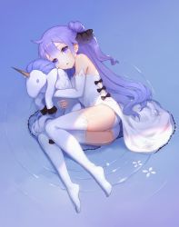 Rule 34 | 1girl, absurdres, ahoge, ass, azur lane, bare shoulders, commentary request, detached sleeves, hugging doll, dress, feet, gloves, gu tao, hair bun, highres, long hair, looking at viewer, lying, hugging object, on side, one side up, panties, parted lips, petite, purple eyes, purple hair, revision, side bun, sidelocks, single hair bun, single side bun, solo, stuffed animal, stuffed toy, stuffed unicorn, stuffed winged unicorn, thighhighs, thighs, underwear, unicorn (azur lane), white dress, white gloves, white thighhighs