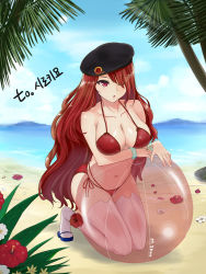 Rule 34 | 00s, 1girl, ;o, bad id, bad pixiv id, ball, beachball, beret, bikini, bracelet, breasts, crab, dungeon and fighter, elementalist, flower, hair over one eye, hat, jewelry, kneeling, large breasts, long hair, looking at viewer, ocean, one eye closed, palm tree, red bikini, red eyes, red hair, shaojiang, side-tie bikini bottom, slippers, solo, swimsuit, thighhighs, tree, water, wavy hair, white thighhighs