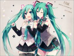 Rule 34 | 2017, 2girls, anniversary, blue eyes, dated, detached sleeves, dual persona, green eyes, green hair, hand on own chest, hands on another&#039;s shoulders, hatsune miku, hatsune miku (vocaloid4), long hair, multiple girls, nail polish, necktie, one eye closed, open mouth, redbear07, skirt, smile, thighhighs, twintails, very long hair, vocaloid