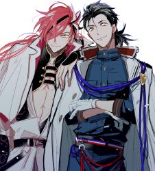 Rule 34 | 2boys, arm on another&#039;s shoulder, backlighting, belt, black belt, black hair, black kimono, blue jacket, blue pants, coat, coat on shoulders, cowboy shot, crossed arms, eyes visible through hair, fate/grand order, fate (series), gloves, hair over one eye, hair pulled back, hair strand, highres, jacket, japanese clothes, kimono, long hair, looking at viewer, low ponytail, male focus, multicolored hair, multiple boys, pants, pectoral cleavage, pectorals, red hair, sakamoto ryouma (fate), sakamoto ryouma (lancer) (fate), shrug (clothing), simple background, smile, streaked hair, takasugi shinsaku (fate), white background, white coat, white gloves, white hair, white jacket, yayayakan, yellow eyes