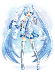 Rule 34 | 1girl, animal, bare shoulders, blue eyes, blue hair, blue necktie, blue scarf, blush stickers, boots, crypton future media, detached sleeves, floating, fringe trim, full body, grey footwear, grey skirt, grey sleeves, grey thighhighs, hair ornament, hand on own hip, hand up, hatsune miku, headphones, headset, highres, kei (keigarou), lanyard, light blue hair, long hair, looking at viewer, miniskirt, mittens, necktie, official art, open mouth, piapro, pigeon-toed, pleated skirt, rabbit, rabbit yukine, scarf, second-party source, shiny clothes, shirt, skirt, sleeveless, sleeveless shirt, smile, snow, snowflake print, solo, standing, teeth, thigh boots, thighhighs, tie clip, twintails, upper teeth only, very long hair, vocaloid, white background, white mittens, white shirt, yuki miku, yuki miku (2011), zettai ryouiki