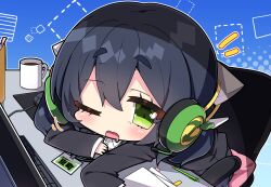 Rule 34 | 1girl, black hair, black jacket, blue background, blush, chair, chibi, collared shirt, commentary request, cup, dotted line, dress shirt, drooling, green eyes, hair between eyes, halftone, halftone background, headphones, highres, jacket, keyboard (computer), kyoumachi seika, lanyard, long sleeves, looking at viewer, milkpanda, mouse (computer), mousepad (object), mouth drool, mug, notice lines, office chair, on chair, one eye closed, open mouth, pillow, shirt, short eyebrows, sleeves past wrists, solo, swivel chair, thick eyebrows, voiceroid, white shirt
