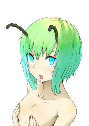 Rule 34 | 1girl, antenna hair, antennae, bad id, bad pixiv id, blue eyes, blue hair, collarbone, covering privates, covering breasts, female focus, flat chest, foreshortening, gradient hair, green hair, highres, matching hair/eyes, multicolored hair, nude, open mouth, potionu, short hair, solo, touhou, two-tone hair, upper body, wriggle nightbug
