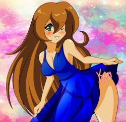 Rule 34 | 1girl, alternate costume, alternate focus, bare arms, bare shoulders, bent over, blue dress, blush, breasts, brown hair, capcom, cleavage, clothes lift, dress, dress lift, green eyes, hair between eyes, highres, iris (mega man), kamira-exe, leaning forward, legs apart, long hair, looking at viewer, looking to the side, medium breasts, mega man (series), mega man x4, mega man x (series), midriff, navel, one eye closed, parted lips, see-through, sideboob, signature, smile, solo, wide hips, wink