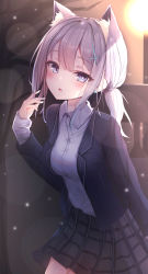 Rule 34 | 1girl, absurdres, animal ears, blue archive, blue eyes, blush, cat ears, earrings, grey hair, hair ornament, hairclip, highres, jewelry, long sleeves, looking at viewer, medium hair, open clothes, ponytail, pu lona, school uniform, shiroko (blue archive)
