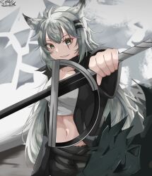 Rule 34 | 1girl, absurdres, animal ears, arknights, belt, black belt, black jacket, commentary request, cowboy shot, grey eyes, grey hair, grin, hair ornament, hairclip, highres, holding, holding sword, holding weapon, jacket, lappland (arknights), long hair, looking at viewer, midriff, navel, open clothes, open jacket, scar, scar across eye, sharp teeth, smile, solo, sp4rk, standing, stomach, strapless, sword, teeth, tube top, very long hair, weapon, wolf ears