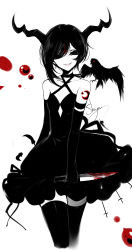 Rule 34 | 1girl, absurdres, artist name, bad id, bad pixiv id, bird, black choker, black dress, black gloves, black hair, black sclera, black thighhighs, blood, bloody knife, bloody weapon, breasts, choker, collarbone, colored sclera, commentary, constricted pupils, cowboy shot, crescent, criss-cross halter, cross, demon horns, dress, elbow gloves, eve (the binding of isaac), fangs, feathers, gloves, hair between eyes, halterneck, highres, holding, holding knife, holding weapon, horns, inverted cross, knife, limited palette, open mouth, red eyes, reverse grip, sheya, short hair, shoulder tattoo, signature, simple background, small breasts, smile, solo, spot color, star (symbol), symbol-only commentary, tattoo, the binding of isaac, thighhighs, thighs, weapon, white background, zettai ryouiki