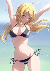 Rule 34 | 1girl, ^ ^, ahoge, amochin, armpits, bikini, blonde hair, blush, breasts, cleavage, closed eyes, collarbone, floating hair, gluteal fold, hachimiya meguru, highres, idolmaster, idolmaster shiny colors, large breasts, navel, outstretched arms, side-tie bikini bottom, smile, solo, stomach, stretching, string bikini, swimsuit, twintails, water drop