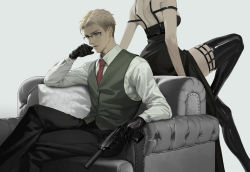 Rule 34 | 1boy, 1girl, black dress, black gloves, black pants, black thighhighs, blonde hair, blue eyes, buttons, closed mouth, collared shirt, commentary, couch, crossed legs, diaodiao, dress, feet out of frame, glasses, gloves, green vest, grey background, gun, handgun, highres, holding, holding gun, holding weapon, latex, latex legwear, latex thighhighs, lips, long sleeves, median furrow, necktie, nose, over-rim eyewear, pants, parted hair, pistol, red necktie, semi-rimless eyewear, shirt, simple background, sitting, spy x family, suppressor, thighhighs, thighs, twilight (spy x family), vest, waistcoat, weapon, white shirt, yor briar