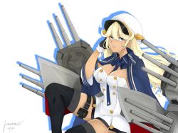 Rule 34 | 1girl, 2020, artist request, azur lane, between breasts, black gloves, black thighhighs, blonde hair, blue eyes, blue jacket, blue neckwear, breasts, cleavage, dark skin, from side, gloves, hat, jacket, long hair, looking at viewer, necktie, necktie between breasts, peaked cap, rigging, signature, simple background, sitting, tan, tennessee (azur lane), thigh strap, thighhighs