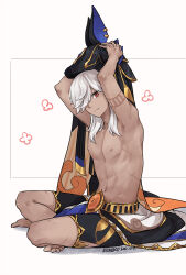 Rule 34 | 1boy, animal hat, arms up, barefoot, black hat, closed mouth, cyno (genshin impact), dark-skinned male, dark skin, dated, egyptian clothes, full body, genshin impact, hair over one eye, hat, highres, holding, holding clothes, holding hat, long hair, looking at viewer, male focus, nipples, red eyes, scar, scar on chest, signature, simple background, sitting, solo, toned, toned male, topless male, tuanzimiao1, white hair