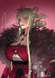 Rule 34 | 1girl, absurdres, aristeia pacificator, breasts, demon girl, demon horns, dress, green hair, highres, horns, indie virtual youtuber, large breasts, livestream, long hair, multicolored hair, pointy ears, red eyes, second-party source, simple background, solo, two-tone hair, virtual youtuber, youtube