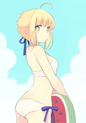 Rule 34 | 1girl, 87banana, ahoge, artoria pendragon (all), artoria pendragon (fate), ass, bare shoulders, bikini, blonde hair, blue sky, braid, breasts, cloud, cloudy sky, commentary request, fate/stay night, fate (series), french braid, from behind, green eyes, looking at viewer, medium breasts, ribbon, saber (fate), sidelocks, sky, solo, strapless, strapless bikini, swimsuit, watermelon innertube
