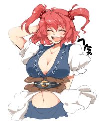 Rule 34 | 1girl, arm behind head, belt, breasts, cleavage, coin, eyebrows, closed eyes, female focus, iroyopon, large breasts, midriff, navel, onozuka komachi, open mouth, puffy sleeves, red hair, scrunchie, shirt, short sleeves, skirt, smile, solo, thick eyebrows, touhou, two side up