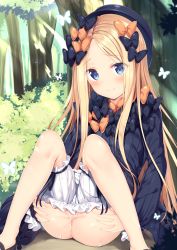 Rule 34 | 1girl, abigail williams (fate), ass, black bow, black dress, black footwear, black hat, blonde hair, bloomers, bloomers pull, blue eyes, blush, bow, bug, butterfly, closed mouth, cum, day, dress, fate/grand order, fate (series), feet out of frame, fingernails, forehead, forest, hair bow, hands on own ass, hat, highres, insect, long hair, long sleeves, mary janes, nature, orange bow, outdoors, parted bangs, polka dot, polka dot bow, shoes, sitting, sleeves past wrists, smile, solo, tomoo (tomo), tree, underwear, very long hair, white bloomers