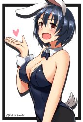 Rule 34 | 1girl, absurdres, animal ears, black bow, black bowtie, black pantyhose, blue hair, blue leotard, blush, bow, bowtie, brave witches, breasts, brown eyes, cleavage, highres, hiroshi (hunter-of-kct), large breasts, leotard, looking at viewer, open mouth, pantyhose, playboy bunny, rabbit ears, rabbit girl, rabbit tail, shimohara sadako, shiny skin, short hair, smile, solo, tail, world witches series