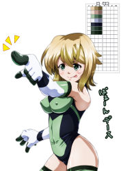 Rule 34 | 1girl, akatsuki kirika, bare shoulders, blonde hair, blush, breasts, closed mouth, covered erect nipples, elbow gloves, gloves, green eyes, highres, large breasts, leotard, pointing, senki zesshou symphogear, short hair, simple background, smile, solo, standing, striped clothes, striped thighhighs, tappa (esperanza), thighhighs, tongue, white background