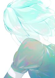 Rule 34 | 1other, androgynous, aqua hair, black gloves, blue let11, commentary, elbow gloves, english commentary, floating hair, from behind, gem uniform (houseki no kuni), gloves, highres, houseki no kuni, other focus, phosphophyllite, puffy short sleeves, puffy sleeves, short hair, short sleeves, simple background, solo, upper body