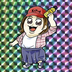 Rule 34 | 1girl, arm up, bkub, blue footwear, blue skirt, blush stickers, bottle, brown eyes, brown hair, checkered background, flannel, hat, holding, holding bottle, kirin (company), long shirt, looking at viewer, meme, multicolored background, neta, open clothes, open mouth, open shirt, plaid, plaid shirt, poptepipic, red hat, shirt, shoes, short hair, skirt, smile, solo, undershirt