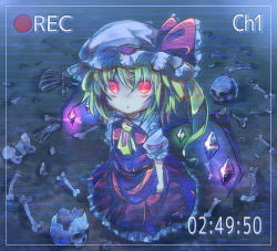 Rule 34 | 1girl, :o, arms at sides, ascot, blonde hair, bone, camera, clenched hands, commentary request, crystal, flandre scarlet, glowing, glowing eyes, hat, mob cap, one side up, puffy short sleeves, puffy sleeves, recording, red eyes, red skirt, red vest, sekisei (superego51), short hair, short sleeves, skirt, skull, solo, standing, timestamp, touhou, vest, wings, yellow ascot