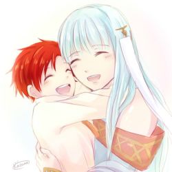 Rule 34 | 1boy, 1girl, baby, bare shoulders, blue hair, dress, closed eyes, fire emblem, fire emblem: genealogy of the holy war, fire emblem: the blazing blade, hair ornament, kazame, long hair, mother and son, ninian, nintendo, open mouth, red hair, roy (fire emblem), short hair, silver hair, smile, aged down
