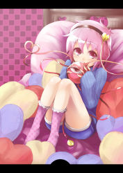 Rule 34 | 1girl, alternate costume, bed, calpish, casual, covered mouth, covering own mouth, cushion, heart, heart of string, heart-shaped pillow, highres, komeiji satori, letterboxed, pillow, pink eyes, pink hair, pink socks, shorts, sitting, socks, solo, thighs, third eye, touhou