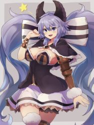 Rule 34 | 1girl, :d, black capelet, blue eyes, blue hair, breasts, capelet, cleavage, commentary request, dress, fang, granblue fantasy, hair between eyes, highres, long hair, medium breasts, open mouth, ribbon, satyr (granblue fantasy), smile, solo, star (symbol), strapless, strapless dress, thighhighs, twintails, v-shaped eyebrows, very long hair, yonaga san